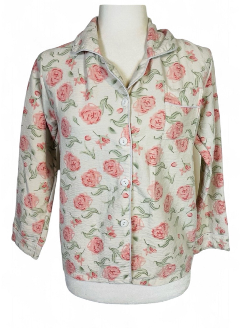 Women's Size XS Button Down Pajama Sleep Wear Shirt Top Floral Pink White